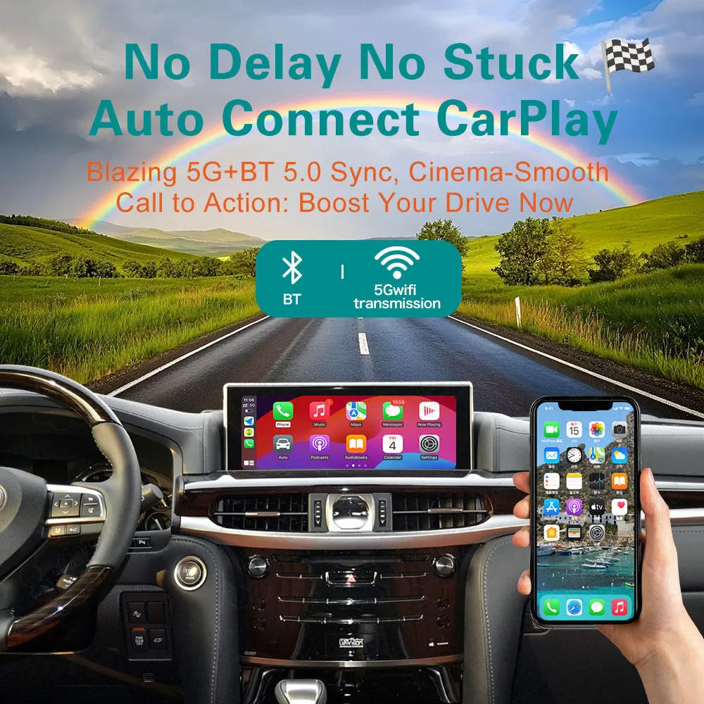 Wireless CarPlay auto-connect feature powered by blazing 5G WiFi transmission and Bluetooth 5.0 synchronization for a smooth driving experience.