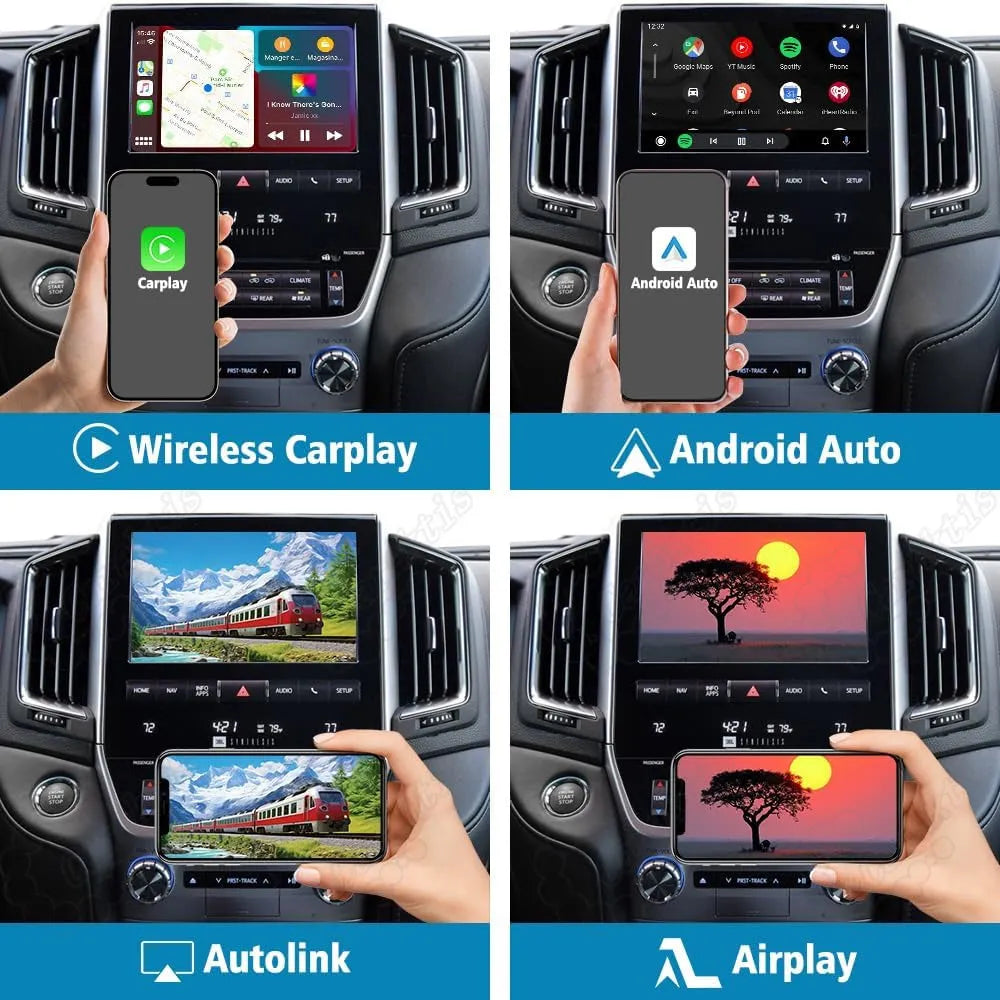 Four-panel grid showcasing Wireless CarPlay, Android Auto, Autolink, and Airplay features on the original car display screen.