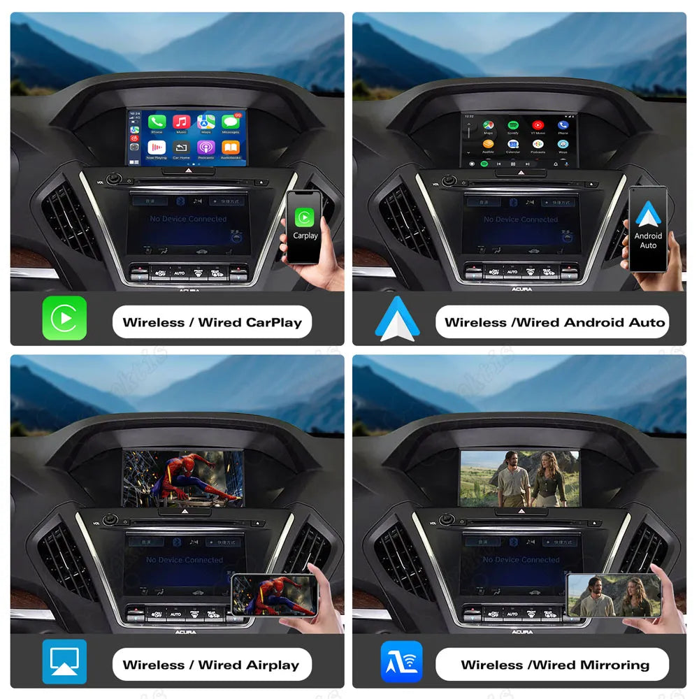 Four-quadrant screen layout showing support for wireless and wired Apple CarPlay, Android Auto, AirPlay, and phone mirroring on the factory screen.