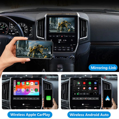 Display options including Mirroring-Link, Wireless Apple CarPlay, and Wireless Android Auto on Toyota center console screen.