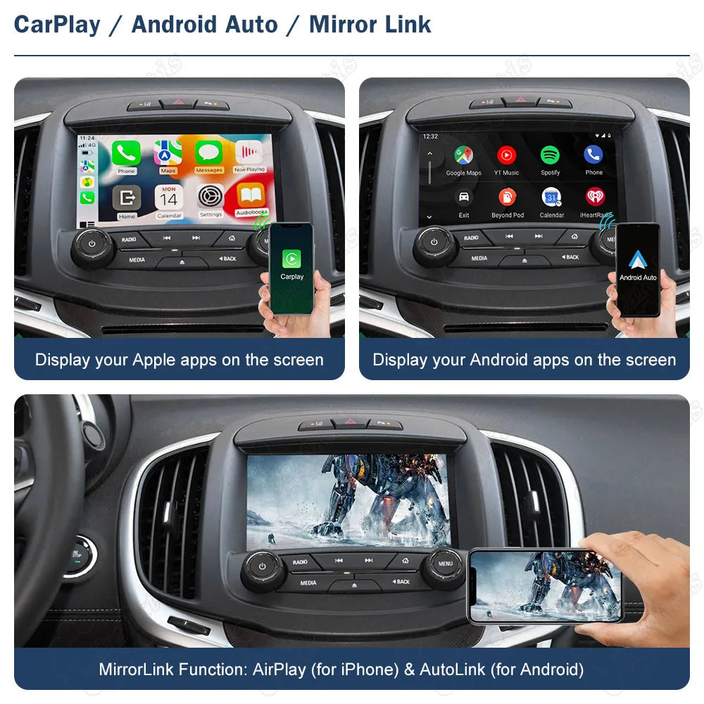 Infotainment screen showing Apple CarPlay interface, Android Auto apps, and MirrorLink function including AirPlay for iPhone and AutoLink for Android.