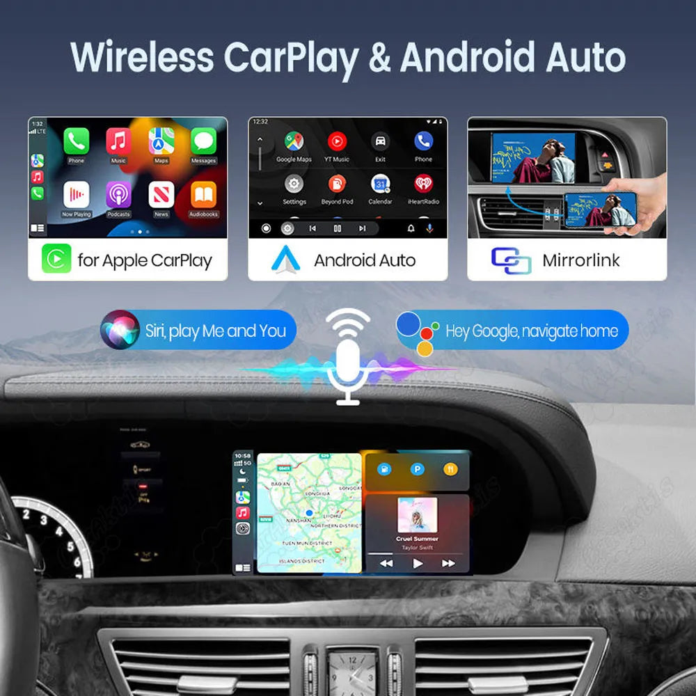 Interface showing Apple CarPlay, Android Auto, and Mirrorlink features with Siri and Google Assistant voice control compatibility.