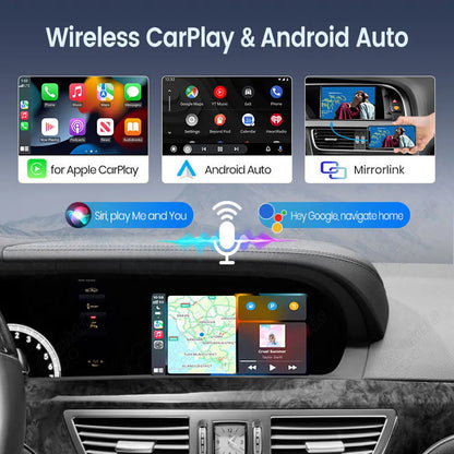 Interface showing Apple CarPlay, Android Auto, and Mirrorlink features with Siri and Google Assistant voice control compatibility.