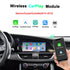Wireless CarPlay and Android Auto retrofit module for Alfa Romeo Stelvio, Giulia, and Giulietta models from 2014 to 2019, showing smart screen integration and phone connectivity.