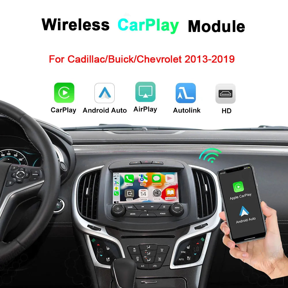 Wireless CarPlay and Android Auto retrofit module kit for Cadillac, Buick, and Chevrolet vehicles model years 2013 to 2019.