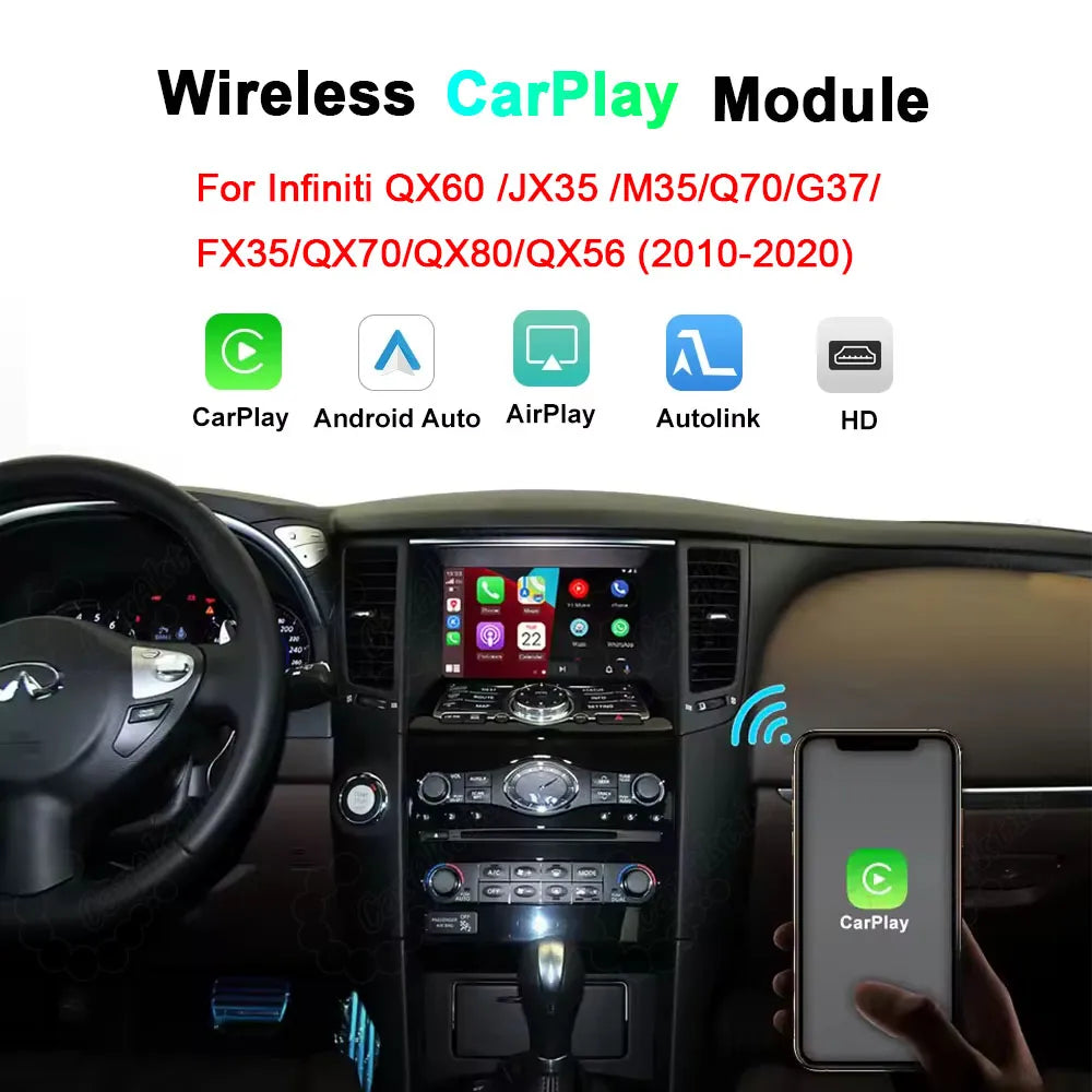 Wireless CarPlay and Android Auto retrofit module kit for Infiniti QX60, JX35, M35, Q70, G37, FX35, QX70, QX80, and QX56 models from 2010 to 2020.
