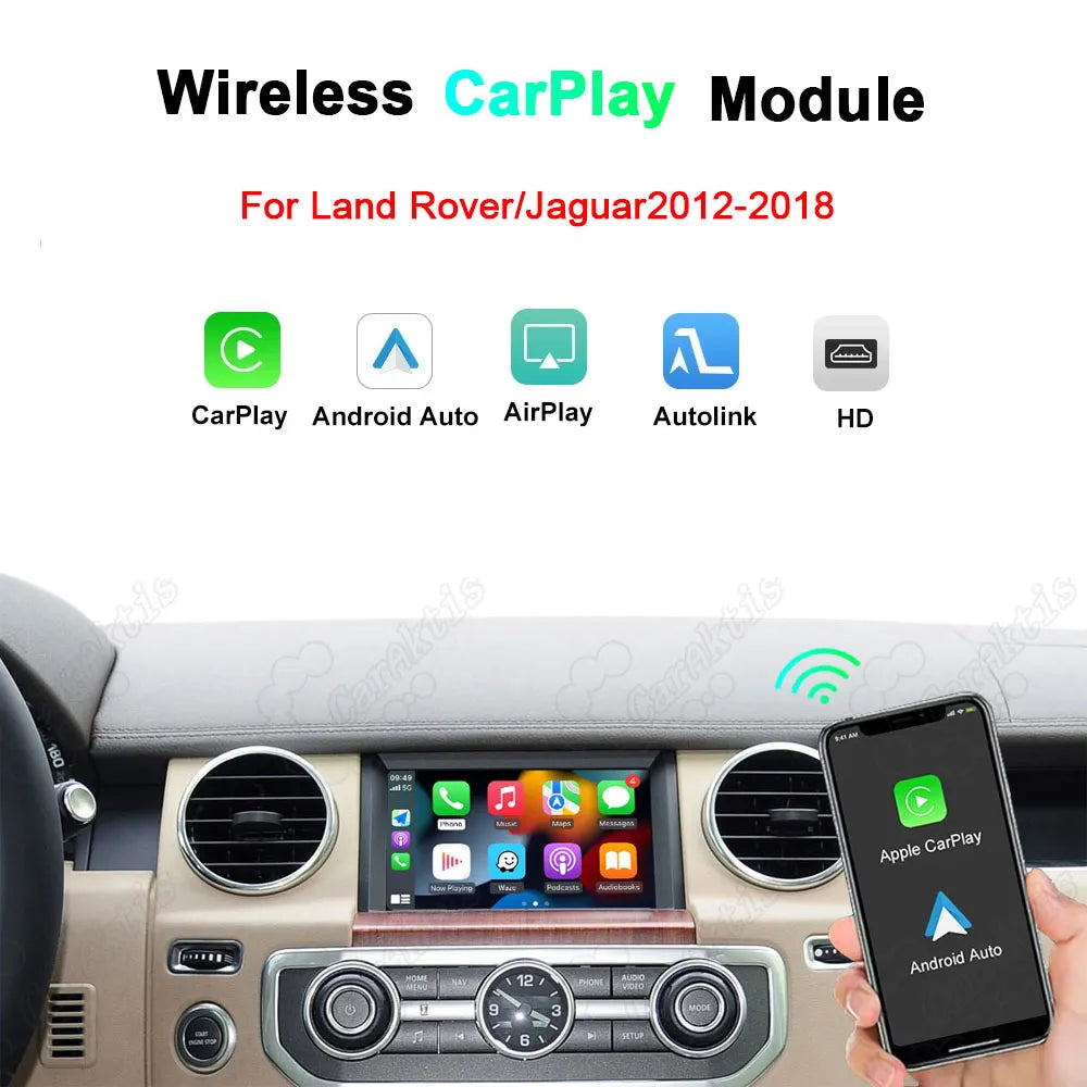 Wireless CarPlay and Android Auto upgrade module interface for Land Rover and Jaguar 2012-2018 models showing smart dashboard integration with smartphone connectivity icons.