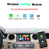 Wireless CarPlay and Android Auto upgrade module interface for Land Rover and Jaguar 2012-2018 models showing smart dashboard integration with smartphone connectivity icons.