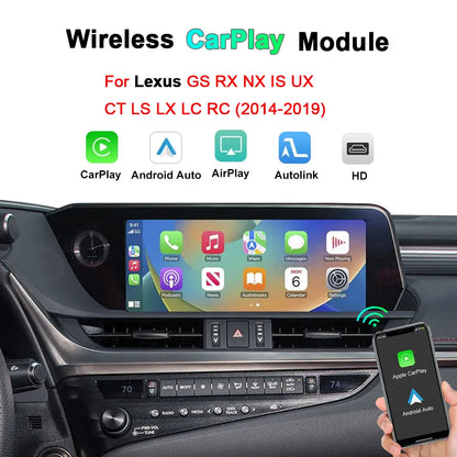 Wireless CarPlay and Android Auto retrofit module interface for Lexus GS RX NX IS UX CT LS LX LC RC 2014-2019 showcasing smart screen system upgrade