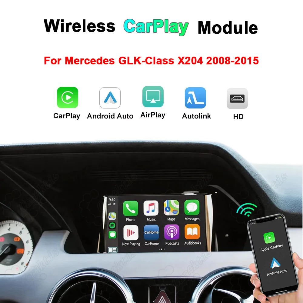Wireless CarPlay and Android Auto retrofit module kit for Mercedes Benz GLK-Class X204 2008-2015 OEM screen upgrade.