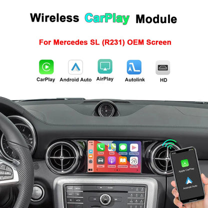 Wireless CarPlay and Android Auto retrofit module for Mercedes Benz SL R231 OEM factory screen upgrade display.