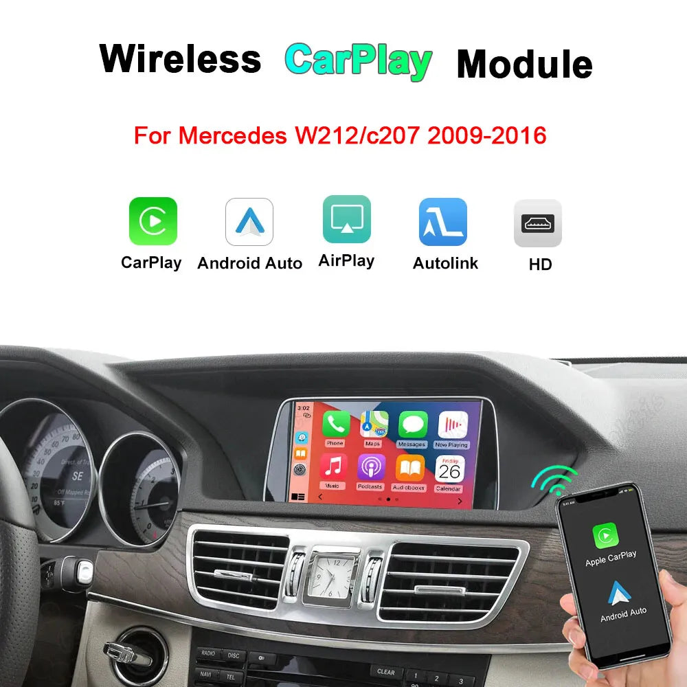 Wireless CarPlay and Android Auto module upgrade for Mercedes W212 and C207 from 2009 to 2016, showing a smartphone connecting to the factory dashboard screen.