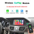 Wireless CarPlay and Android Auto module upgrade for Mercedes W212 and C207 from 2009 to 2016, showing a smartphone connecting to the factory dashboard screen.
