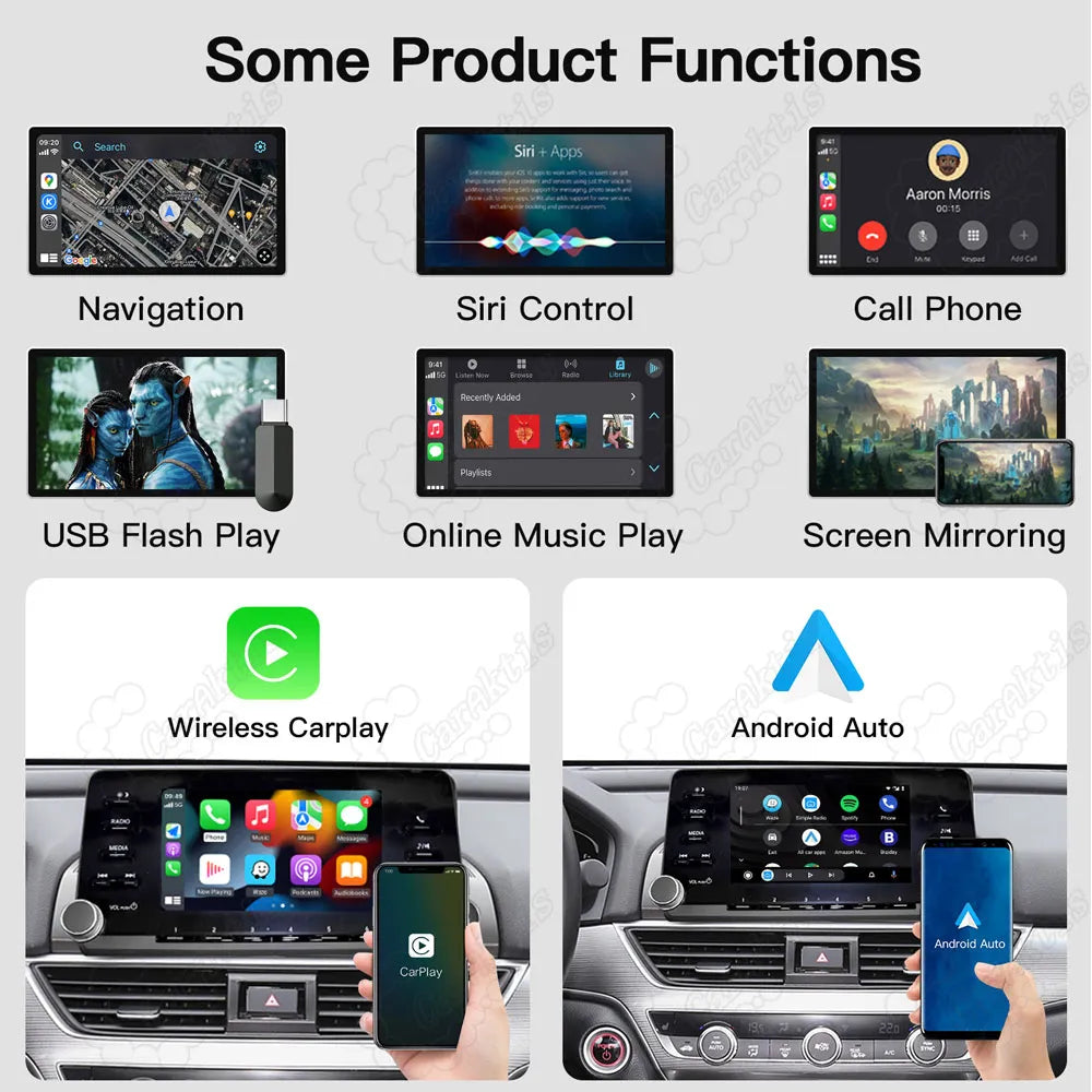 Product functions overview including GPS navigation, Siri voice control, phone calling, USB flash drive playback, online music, screen mirroring, wireless CarPlay, and Android Auto interfaces.