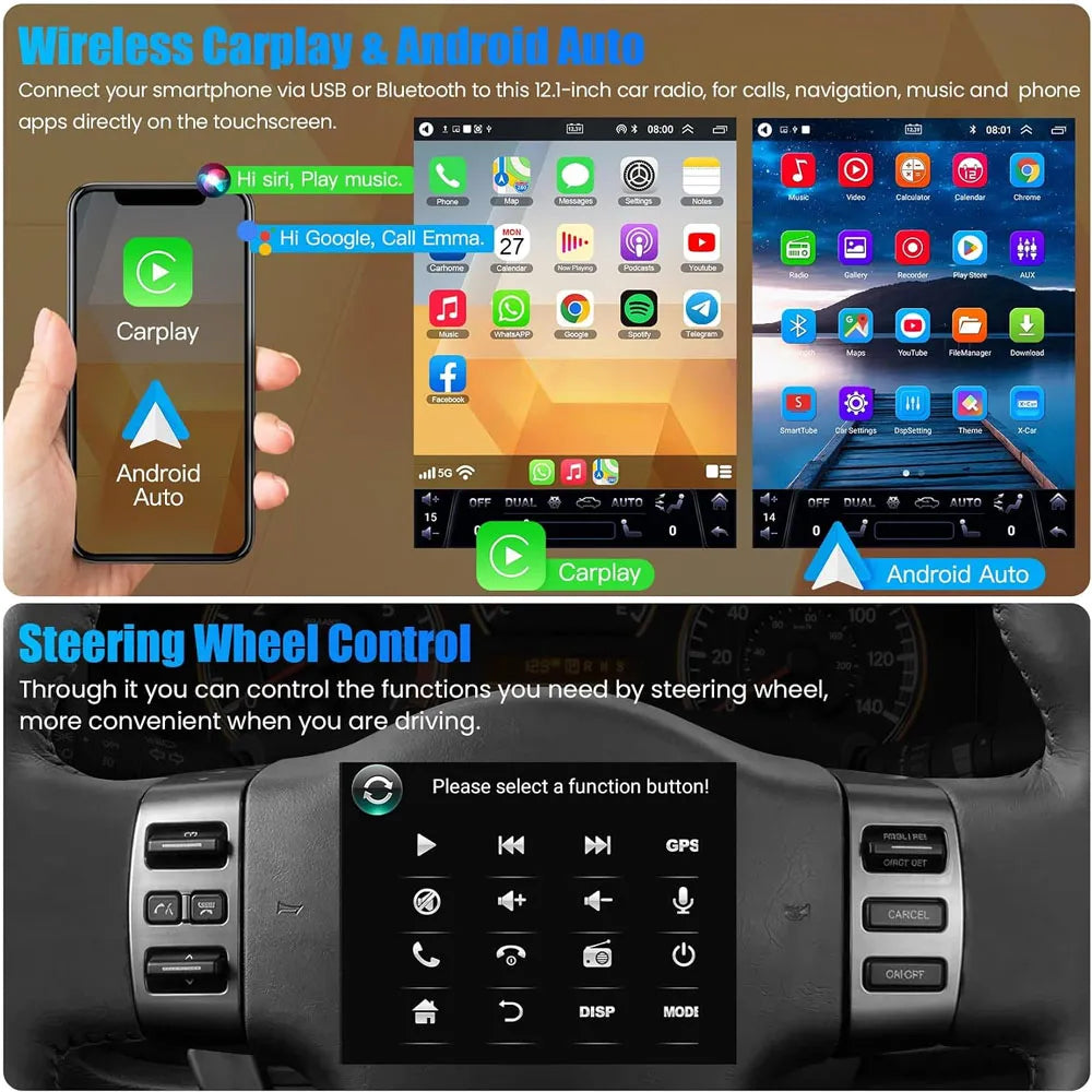 Wireless Apple CarPlay, Android Auto integration, and steering wheel control function interface on 12.1-inch car touchscreen display.