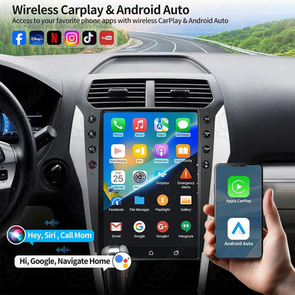 In-dash Android car stereo displaying wireless Apple CarPlay and Android Auto with Siri voice assistant.