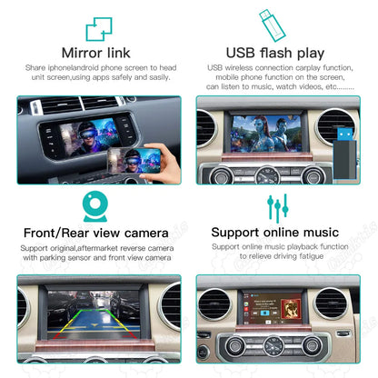 Product features highlighting smartphone screen mirror link, USB flash drive video playback, aftermarket or original front rear dynamic parking camera support, and online music.