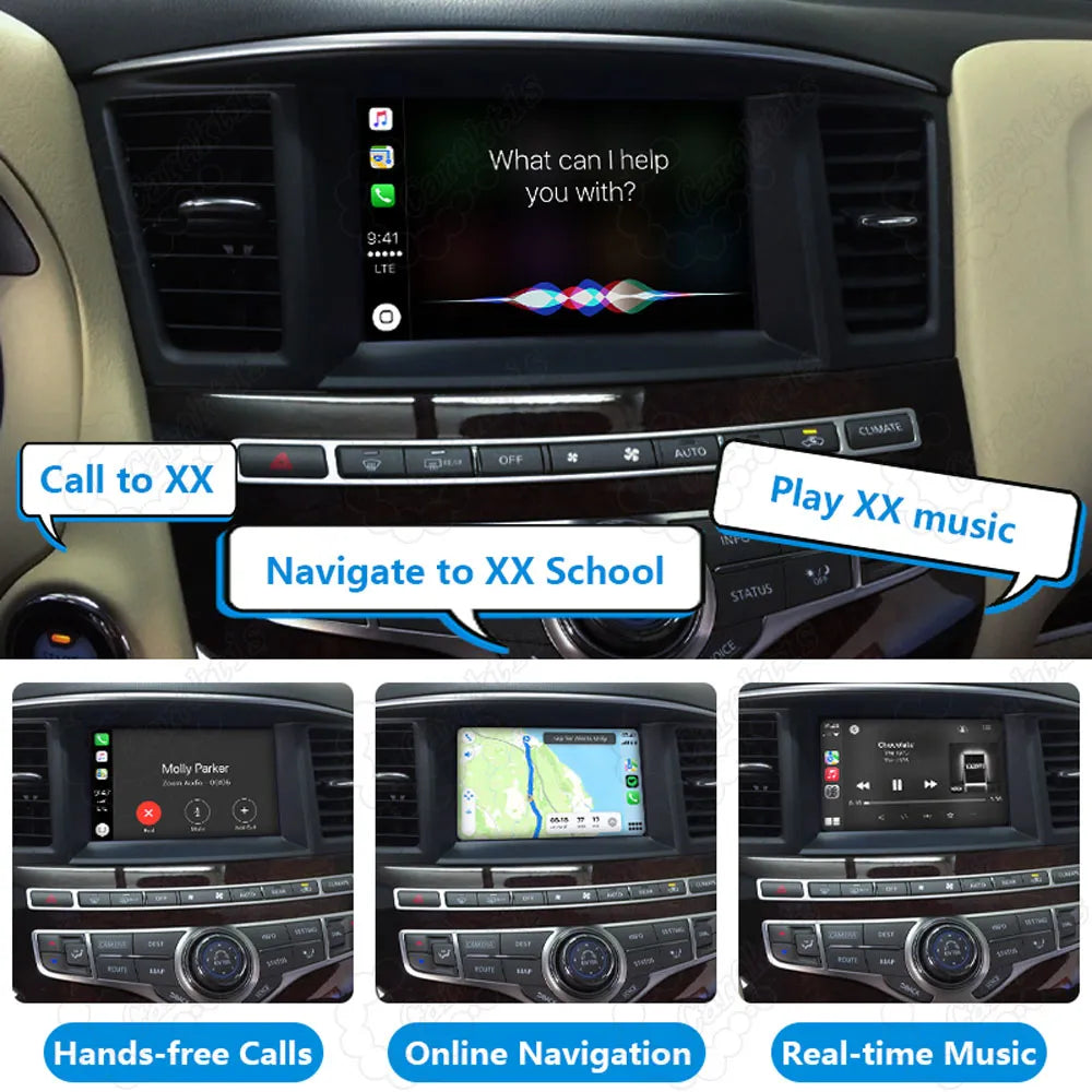 Siri voice control commands for hands-free calling, GPS online navigation maps, and real-time music streaming in an Infiniti car.