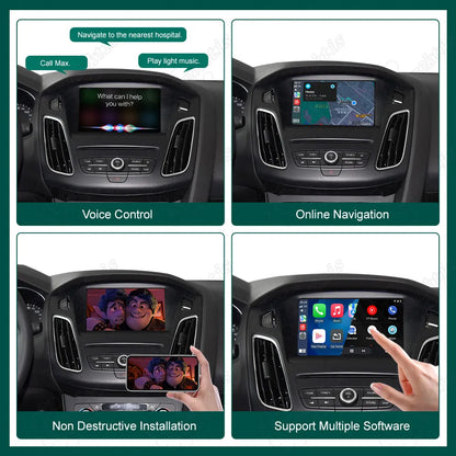 Ford SYNC 2 wireless CarPlay system displaying Siri voice control, live GPS navigation, non-destructive plug-and-play installation, and AirPlay smartphone mirroring.