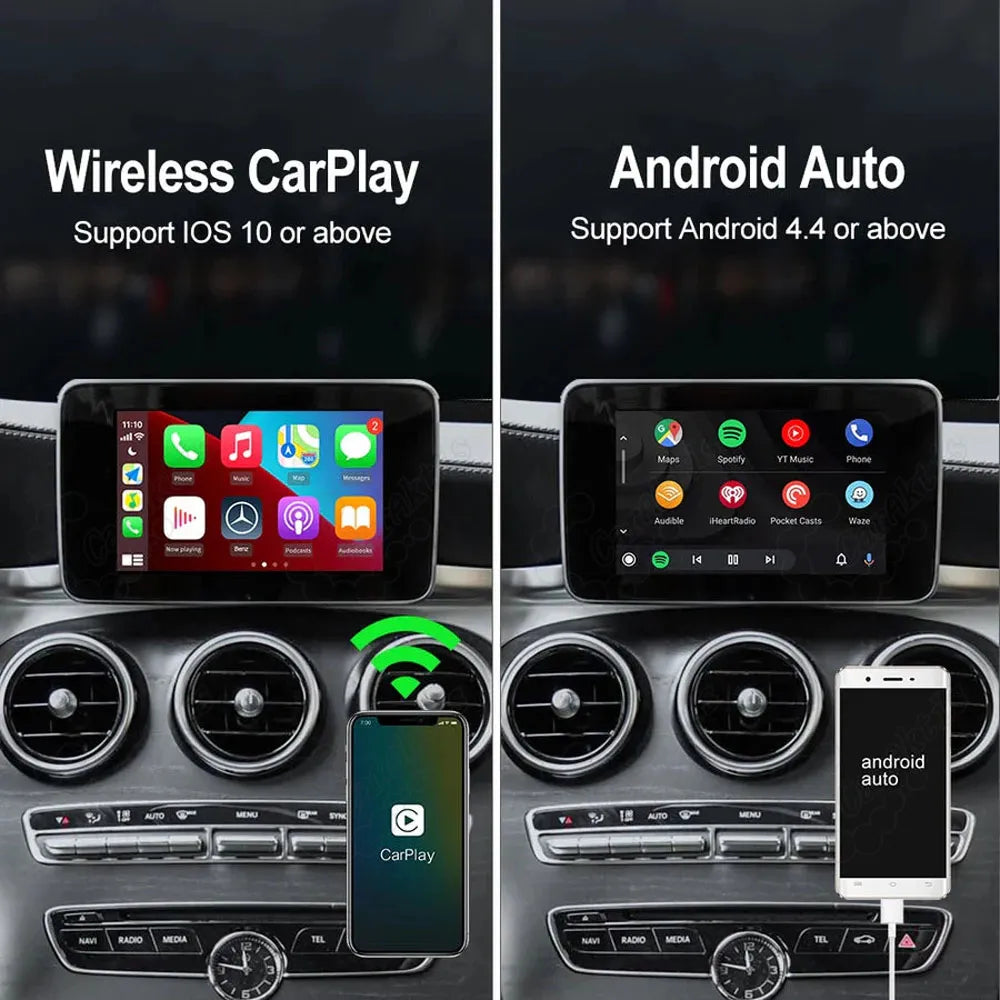 Comparison split-screen showing wireless Apple CarPlay for iOS 10 or above and Android Auto connection for Android 4.4 or above in a Mercedes console.