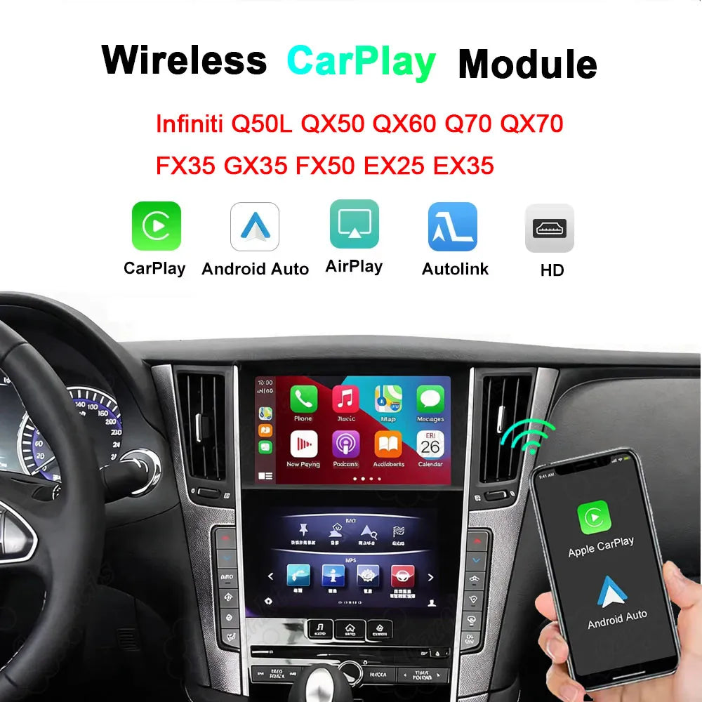 Wireless Apple CarPlay and Android Auto module interface banner for Infiniti Q50, QX60, and Nissan Patrol dashboard upgrade.
