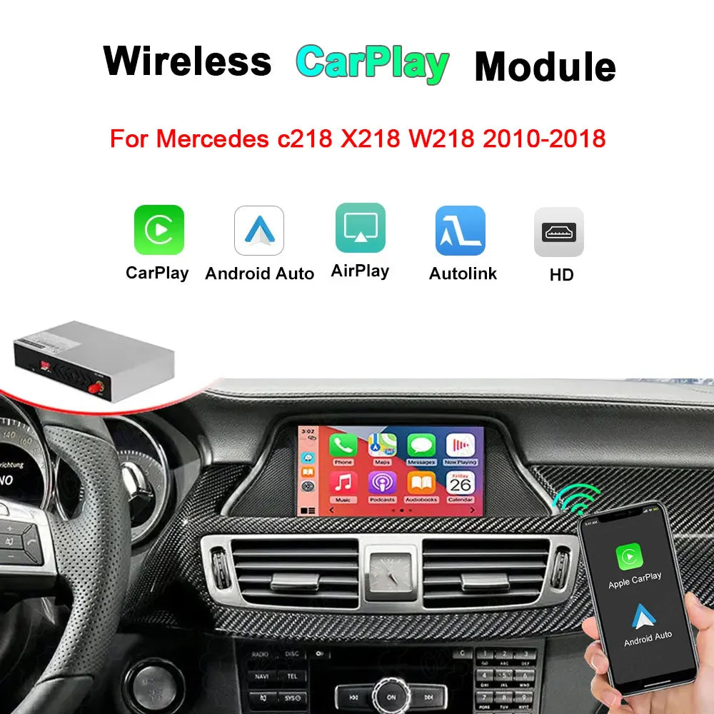 Premium wireless Apple CarPlay and Android Auto retrofit module for Mercedes Benz B-Class W246 2011-2015, featuring AirPlay and Autolink smartphone screen mirroring.