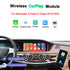 Wireless CarPlay and Android Auto upgrade module for Mercedes-Benz S-Class and E-Class 2014-2020 showing dashboard interface with smartphone.