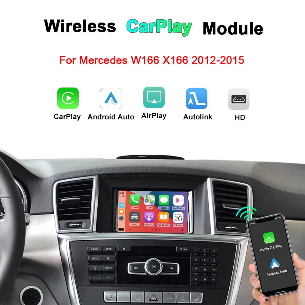 Wireless CarPlay and Android Auto upgrade module presentation for Mercedes Benz W166 and X166 models from 2012 to 2015, featuring a clean dashboard installation mockup.