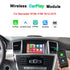 Wireless CarPlay and Android Auto upgrade module presentation for Mercedes Benz W166 and X166 models from 2012 to 2015, featuring a clean dashboard installation mockup.
