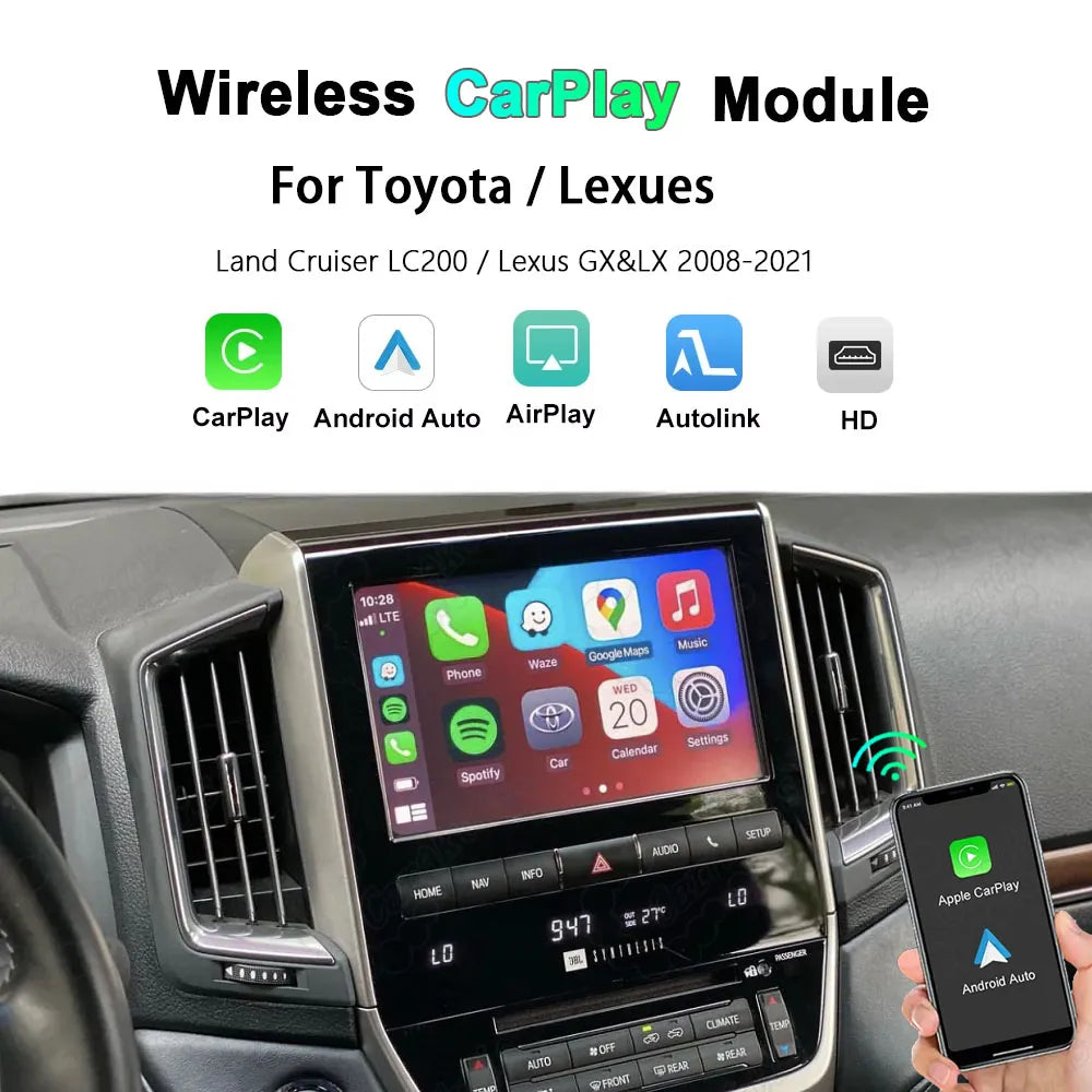 Wireless CarPlay and Android Auto module interface banner for Toyota Land Cruiser LC200 and Lexus GX LX 2008-2021 showing main features.