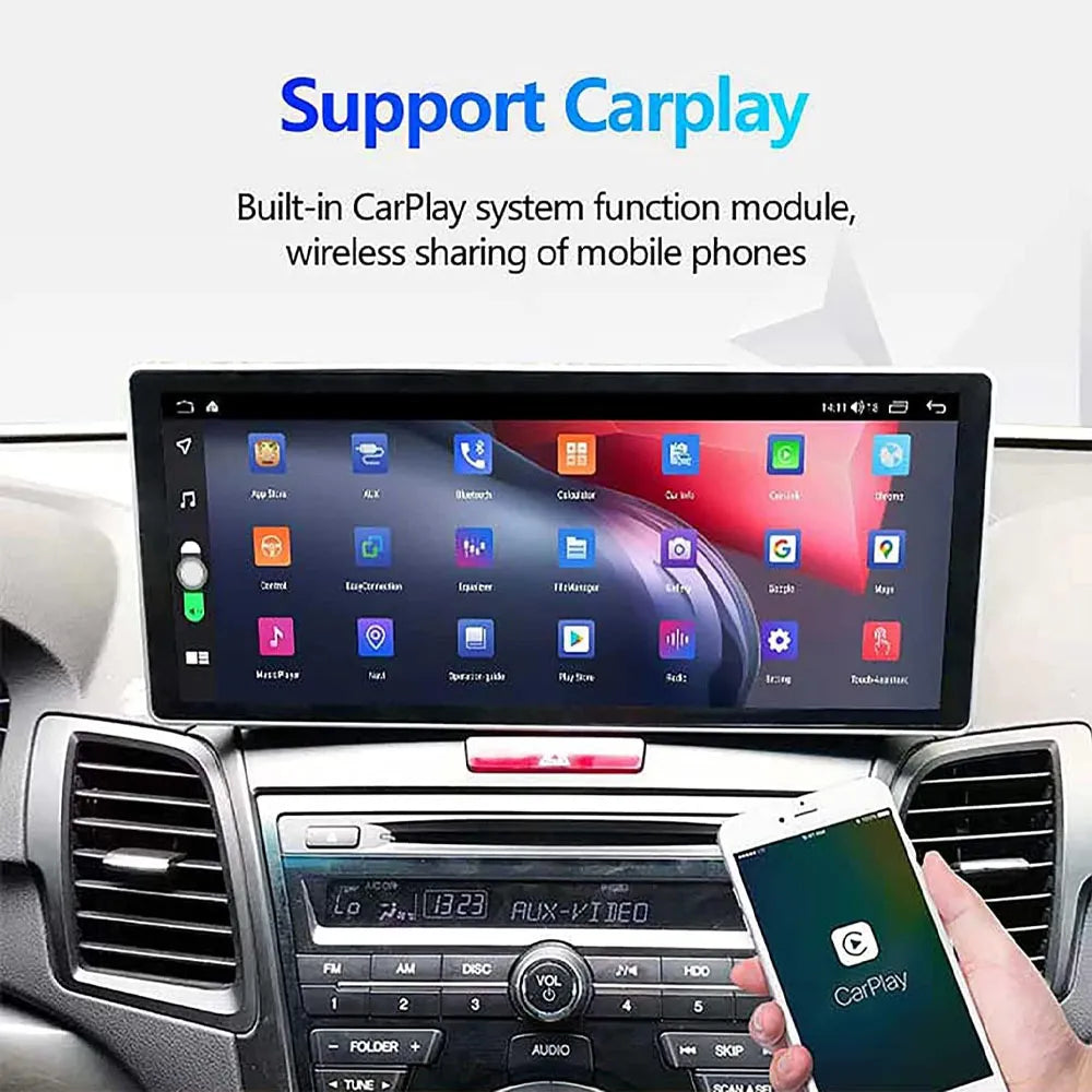 Built-in wireless CarPlay interface displayed on a large touchscreen car stereo with smartphone connection.