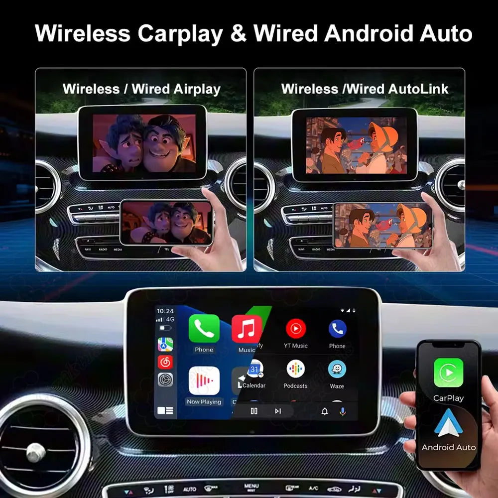 Display showing wireless CarPlay, wired Android Auto, and screen mirroring via AirPlay and AutoLink for video streaming on the Mercedes car screen.