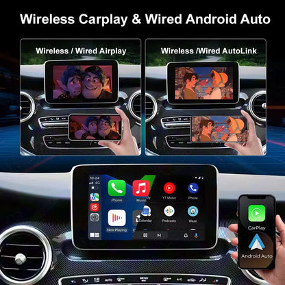 Display showing wireless CarPlay, wired Android Auto, and screen mirroring via AirPlay and AutoLink for video streaming on the Mercedes car screen.