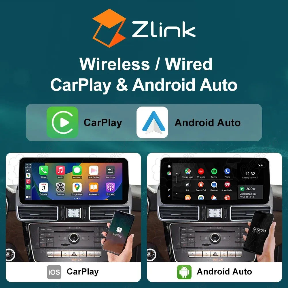 Zlink app interface showing wireless iOS CarPlay and Android Auto connected on Mercedes Benz GL GLS dashboard screen