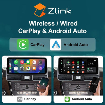 Zlink app interface showing wireless iOS CarPlay and Android Auto connected on Mercedes Benz GL GLS dashboard screen